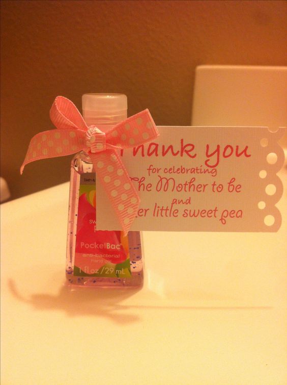 Thank you gift for your baby shower guests- a mini bottle of sweet pea scented hand sanitizer