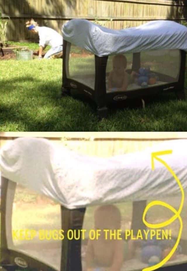 Keep bugs and mosquitos off of baby with a crib sheet over a pack n play