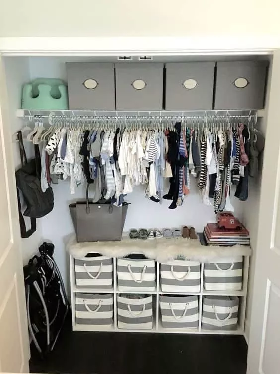 Baskets are key when it comes to an oganized closet for baby