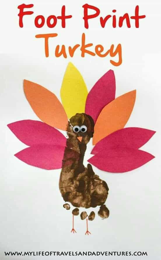 Thanksgiving foot print activity for toddlers, let the toddler glue on the eyes and feathers! More activities in blog post! 
