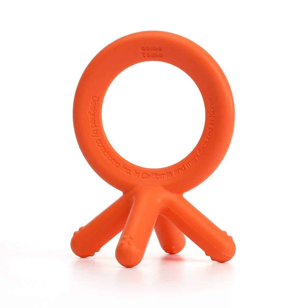 Comotomo teether- designed to be shaped like finger, which we all know baby's love to chew on! This one comes HIGHLY recommended by parents. 