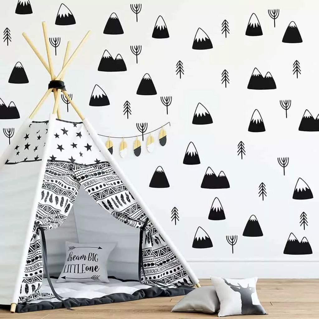 Mountain and tree decals for boho design nursery
